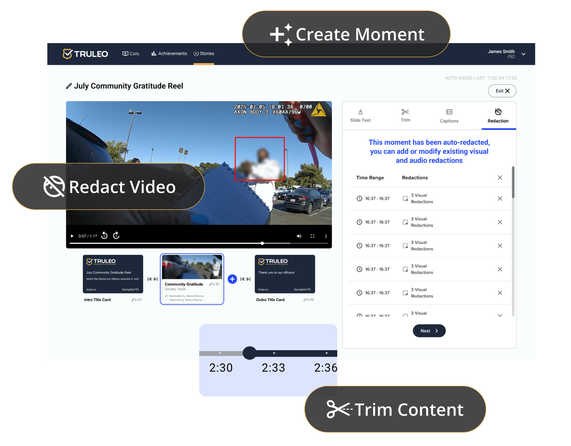 create moment redact video and trim content with Virtual PIO