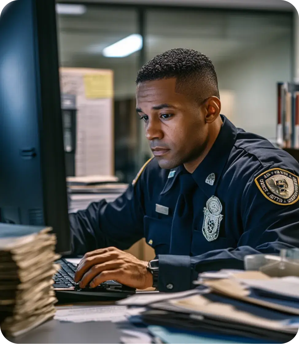 an overwhelmed officer with a lot of paperwork trying to maintain accreditation